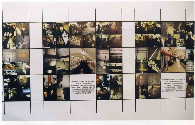 Stephen Willats: Going Home, 36 panels each 49cm x 49cm  Photographic prints, Xerox, acrylic paint on card.  Audio recordings