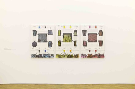 Stephen Willats: Conscious  Unconscious    In and Out the Reality Check - Exhibition at Modern Art Oxford, Conscious-Unconscious-Continuous-Discontinuous, 2013, three panels.  Photographic prints, photographic dye, acrylic paint, ink, Letraset text on card
