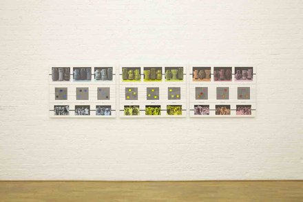 Stephen Willats: Conscious  Unconscious    In and Out the Reality Check - Exhibition at Modern Art Oxford, In Two Minds, 2010. 3 Panels.  Photographic prints, photographic dye, acrylic paint, ink, Letraset text on card